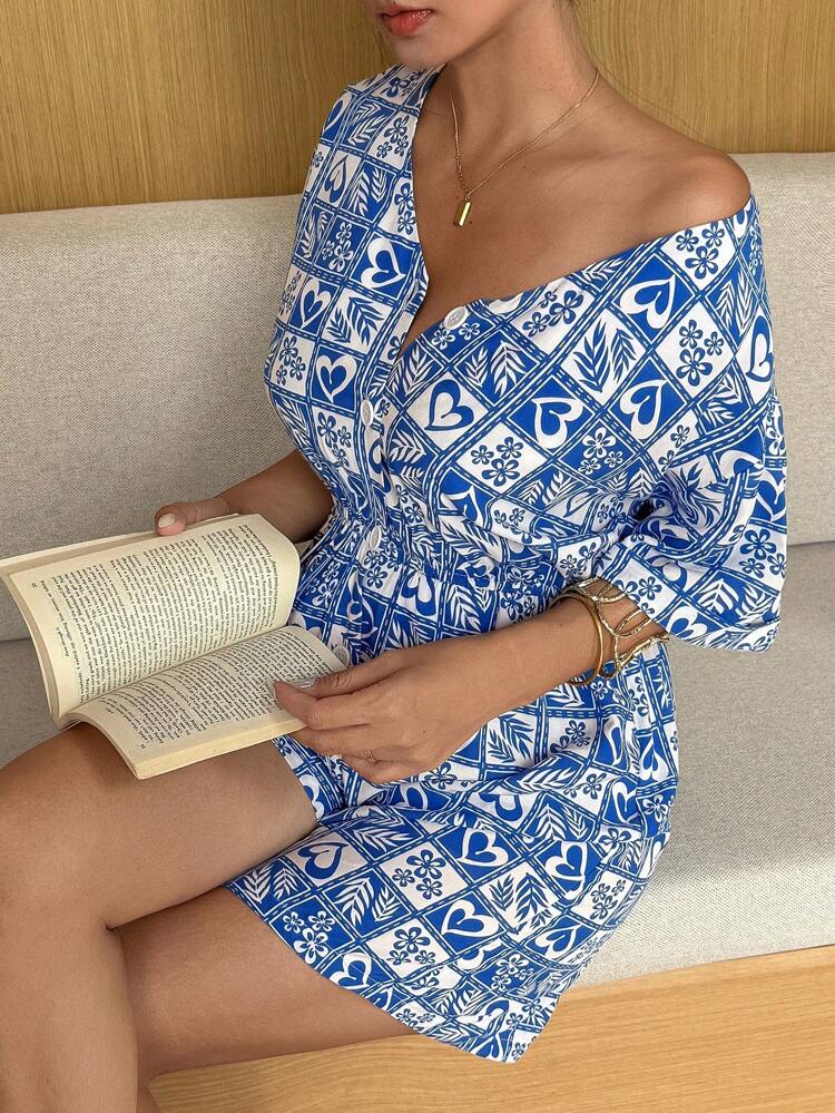 All-Over Print V-Neck Waisted Jumpsuit Pajamas For Women