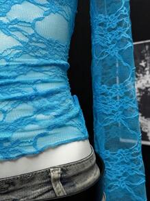 EgrlEra 女士透明褶皱蕾丝衬衫（随机剪裁） - 藍色 - 查看 3