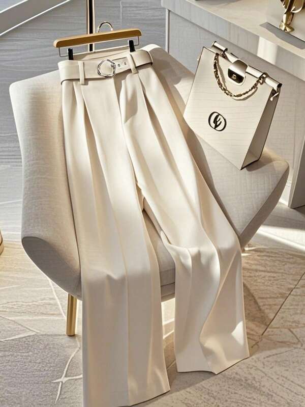 Franclia Women's Loose Casual Simple Metal Buckle Waist Belt Wide Leg Pants