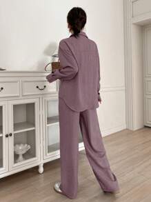 DAZY 2pcs/Set Women Solid Color Shirt & Wide Leg Pants,Fall Clothes