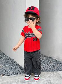 Unisex Baby/Toddler Casual Cute Funny Sporty Streetwear College Style Basic Versatile Comfy Fashionable Letter/Stripe Printed Round Neck Short Sleeve T-Shirt, Suitable For Home, Outing, Sports, School, Travel, Spring/Summer/Autumn - Red - View 2