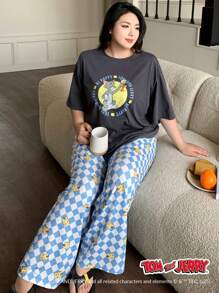 TOM AND JERRY X DAZY 加大码卡通印花宽松短袖上衣和全印花裤两件套女士睡衣套装 - 灰色 - 查看 8
