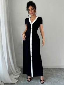 SHEIN PETITE Women Front Button 2-Tone Short Sleeve Dress - Black and White - View 4