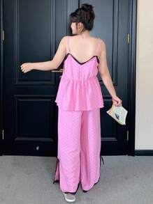 Dazy Plus Contrast Lace Polka Dot Cami Top & Loose Pants Pajama Set - Hot Pink - View 2