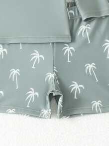 SHEIN Conjunto de traje de baño de niño pequeño estampado con palmeras, elegante y adorable. Conjunto de 2 piezas para niños pequeños. Ropa de playa para niños de 3 a 7 años