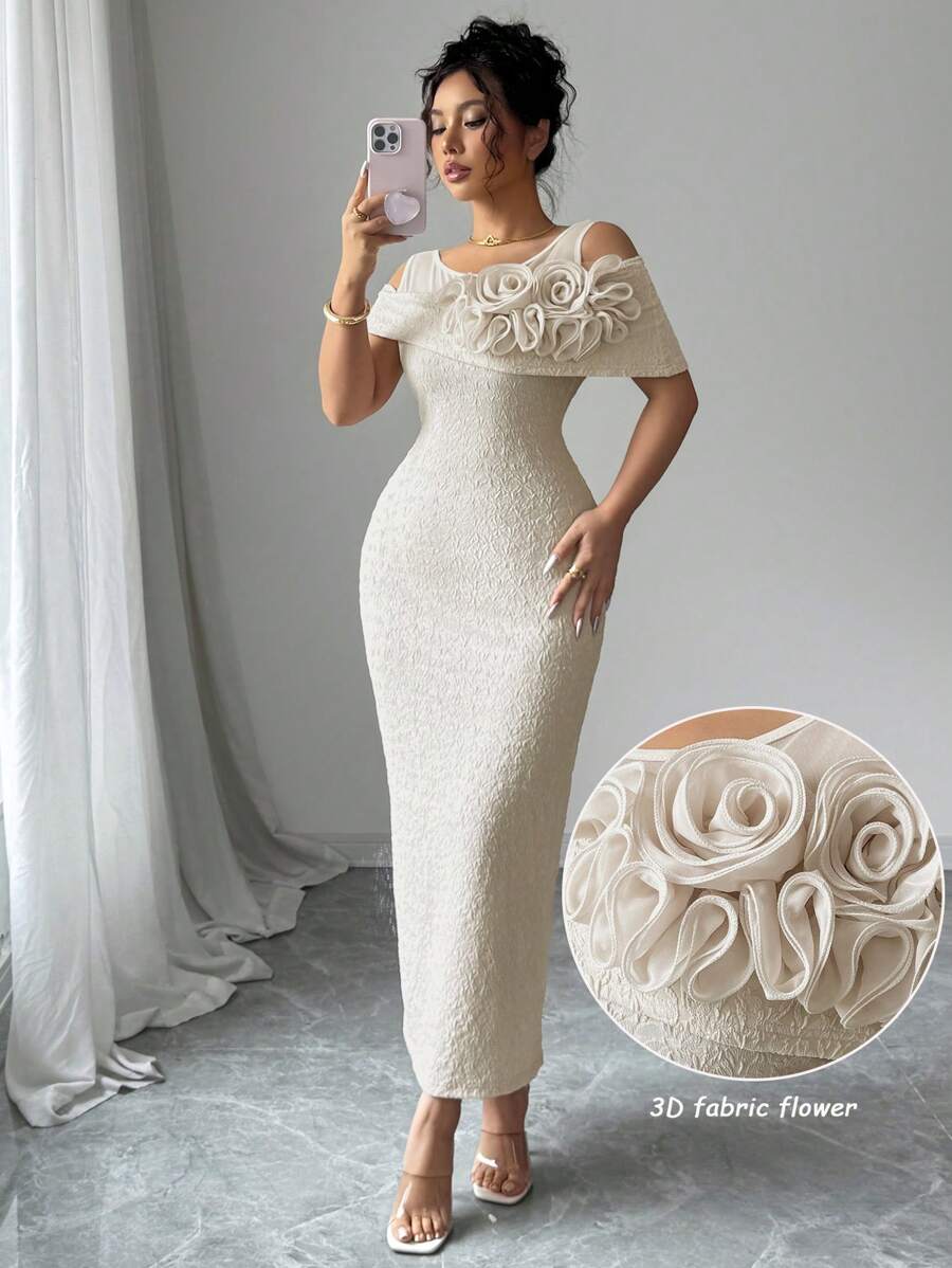 Modelyn Solid Color Mesh Splice & 3D Flower Decor Shoulder-Revealing Mid-Calf Dress For Women
