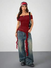 Coolane Women's Casual Music Festival Off The Shoulder Mesh Ruffle Asymmetrical Hem Tops - Burgundy - View 3