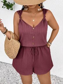 SHEIN Frenchy Plus Size Women's Casual Solid Color Tie Waist Romper, Summer - Dusty Purple - View 5