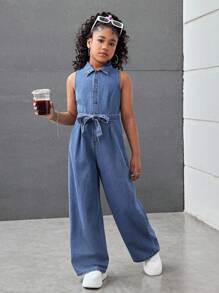 Macacão Denim Folgado com Laço Torcido na Cintura e Gola Alta para Meninas Pré-Adolescentes, Primavera Verão, Shorts Boho de Praia de Verão para Meninas, Looks Casuais de Verão para Festivais e Concertos, Looks de Verão para Brunch, Igreja e Formatura para Meninas, Looks Streetwear de Volta às Aulas