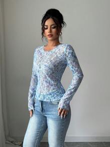 Elenzga Women Elegant Fashion Lace Print Casual Long Sleeve Crew Neck T-Shirt