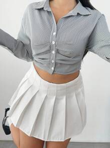 POPSWAY Plus Size Casual Short Drop Shoulder Long Sleeve Striped Shirt - Black and White - View 6