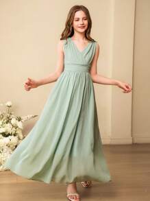 SHEIN Vestido formal largo de gasa verde sólido con cuello en V, sin mangas y cintura alta, adecuado para ceremonias de graduación, para niñas - Verde - Ver 1