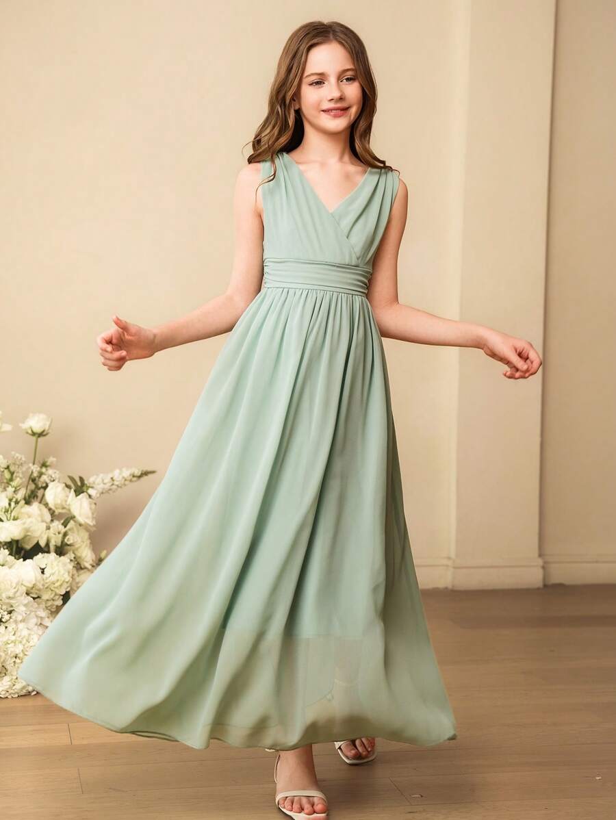 SHEIN Vestido formal largo de gasa verde sólido con cuello en V, sin mangas y cintura alta, adecuado para ceremonias de graduación, para niñas - Verde - Ver 1