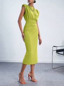 BizChic 2025 Green Round Neck Sleeveless Padded Shoulder Ruched Waist Women's Dress, Romantic, Elegant, Versatile, Business Casual, Office Wear, Suitable For Daily, Commuting, Vintage Style, Teacher Outfit