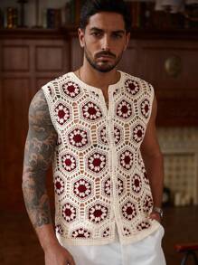 Manfinity CityGents Men's Contrast Color Sleeveless Casual Open Front Knit Top, Summer Men Mexican Shirt , Crochet Vest, Boho Floral Vest