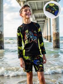 3 件套男童泳衣套装，带游戏控制器印花和泳帽，海滩游玩必备 - 彩色 - 查看 1