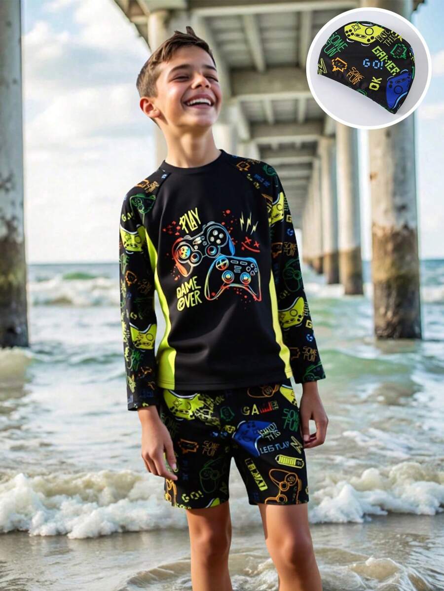 3 件套男童泳衣套装，带游戏控制器印花和泳帽，海滩游玩必备 - 彩色 - 查看 1