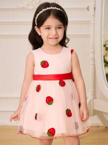 Glamorique Kids 女嬰粉紅與紅色草莓刺繡公主洋裝，可愛V領夏季網紗緞面對比腰帶後蝴蝶結生日派對禮服 - 彩色 - 查看 6