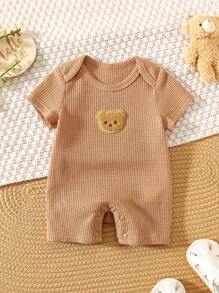 SHEIN 新生男婴/女婴舒适休闲可爱熊图案华夫格面料短袖连体衣，适合春夏季室内、户外、日常、运动、玩耍、派对、摄影、度假、节日 - 卡其色 - 查看 3