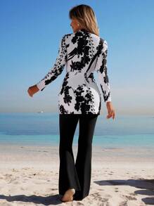 Swim Mulvari 2 件套女式夏季新款性感长袖防晒衣上衣和长款松紧腰喇叭裤全覆盖泳衣，时尚布基尼套装 - 彩色 - 查看 1