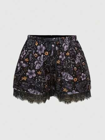 Fairycore Plus Size Women Lace Decor Velvet Elastic Waist Shorts, Can Be Worn As Undershorts