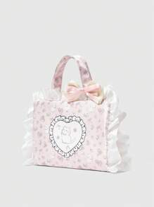 ROMWE Kawaii Borsa portatrucchi portatile di grandi dimensioni, con motivi carini da ragazza in pizzo bianco, quadretti rosa e fiocchi