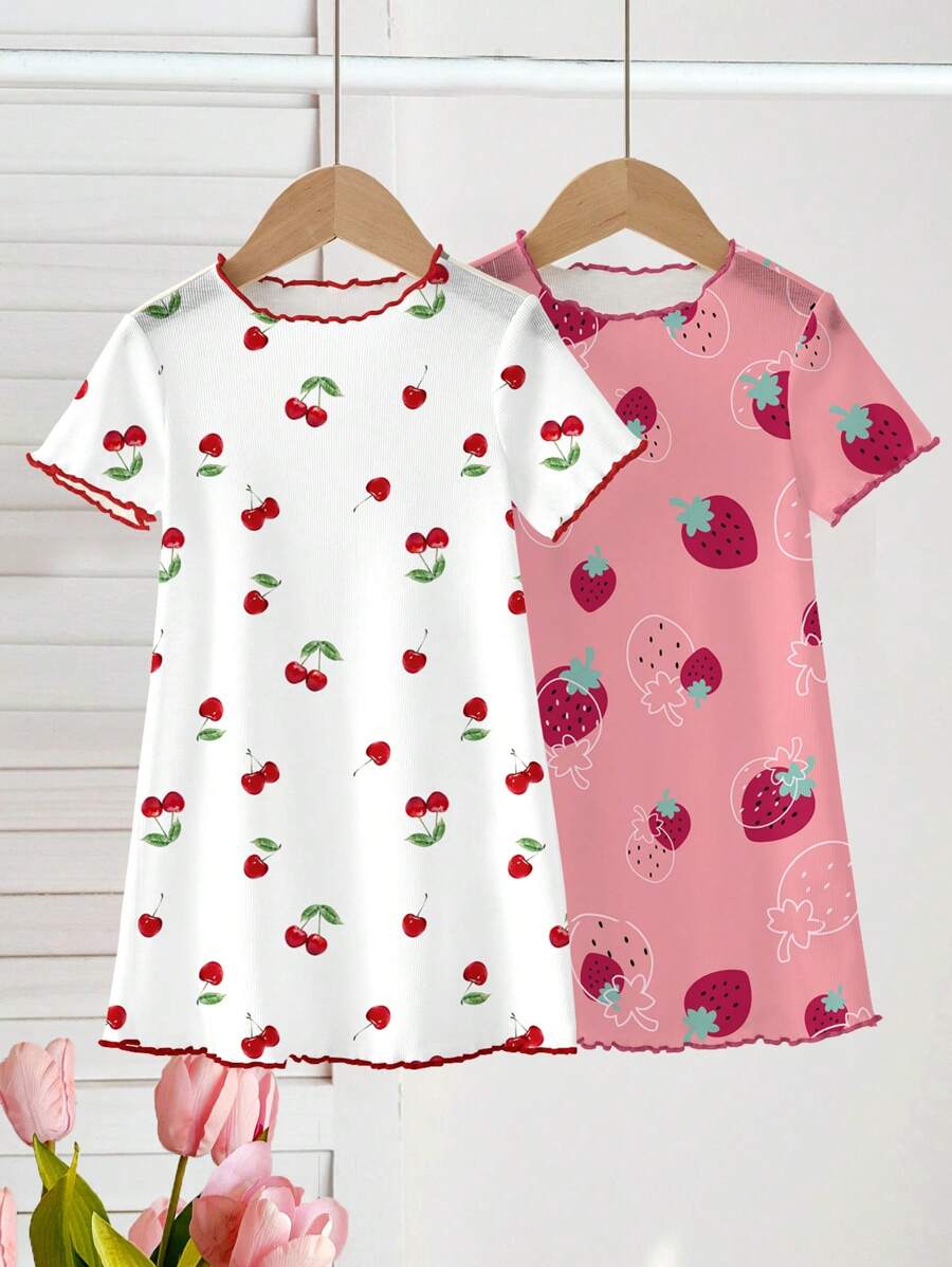 SHEIN 2pcs/Set Baby Girls Strawberry & Cherry Cute Simple Style Dress Home Dress, Summer - Multicolor - View 1