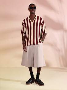 SUMWON Camisa estilosa de manga corta con botones y rayas, de punto con costillas, uso casual de fin de semana y estilo resort, moda para verano y primavera, con cuello - Burdeos - Ver 5