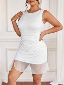 Elenzga White Crew Neck Sleeveless Bubble Pearl Fitted Elegant Dress For Women - White - View 3
