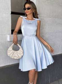 Chiquease Women's French Square Neck, Bowknot Shoulder Strap, Waist Belt, A-Line Skirt, V-Back Sleeveless Blue Dress, Spring/Summer