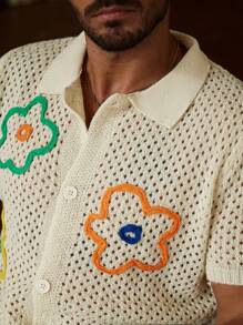 Manfinity CityGents Men's Casual Colorful Floral Embellished Knit Sweater, Summer Pride 2025 Swim Brief Crochet Men Shirt Crochet Shirt Men Men Crochet Shirts Men Crochet Shirt