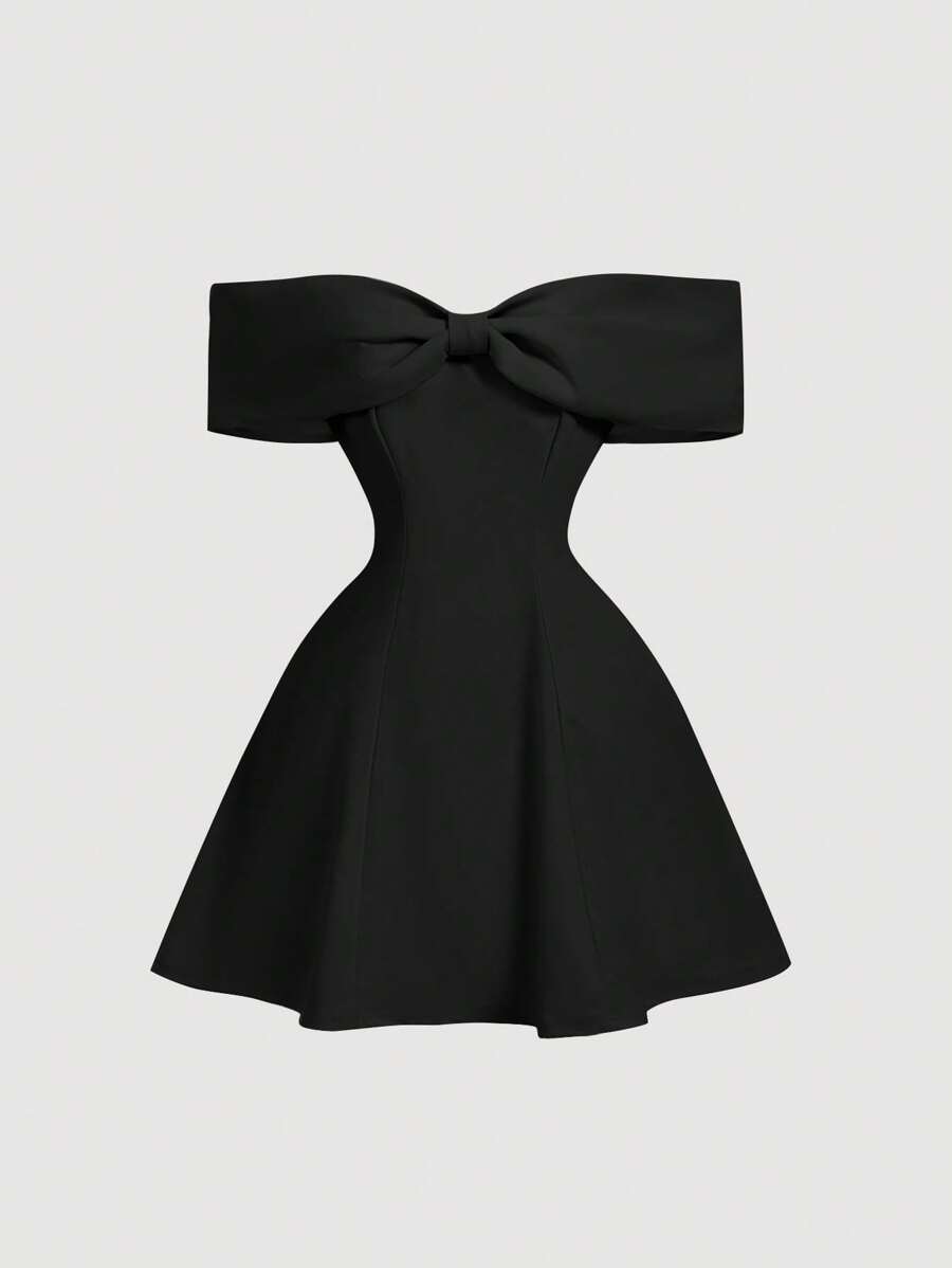 SHEIN MOD Ladies Off-Shoulder Bow Accent Black Mini Party Dress - Black - View 1