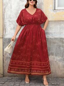 SHEIN Clasi Vestido vintage con estampado de colocación elegante talla grande, vestidos de madre de la novia, de verano, de moda para el verano - Rojo - Ver 7