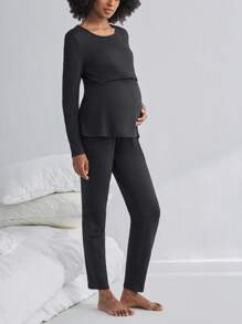 BloomMama 孕妇长袖上衣和裤子哺乳睡衣套装 2 件装，家居服时尚睡衣，秋冬服装 - 黑色 - 查看 3