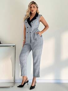 SHEIN Essnce Conjunto de dos piezas de chaleco y pantalón de cuadros azules en contraste para mujer de talla grande, con costura en el cuello, para uso diario y casual en primavera y otoño. Ropa de trabajo, conjunto de pantalones, ropa casual de negocios, ropa de primavera, ropa de oficina para curvas