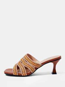 Styleloop Glitter Rhinestone Embellished Square Toe High Heel Sandals, Sexy Dress Party Pumps, Gold - Brown - View 2