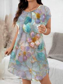 EMERY ROSE Casual Loose Plus Size Women Floral Print Short Sleeve Mini Dress Suitable For Going Out Chic Dress - Multicolor - View 6