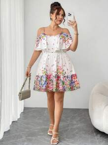 SHEIN Clasi Abito lungo da donna taglie forti con fantasia floreale, scollo annodato e volant, stile da vacanza - Multicolore - Visualizzare 4