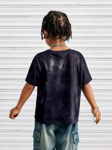 SHEIN Kids Young Boy Casual Versatile And Comfortable Racing Letter Print Pattern Round Neck Pullover Loose Short Sleeved Knitted T-Shirt Suitable For Commuting To School, Daily Leisure Vacation Travel, Suitable For Sports, Suitable For Spring And Summer Festivals