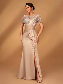 Serin Elegant, Luxurious Beaded & Sequin Embellished Satin Ruffle Hem High Slit Fishtail Skirt, Suitable For Weddings, Parties, Vacations, Galas, Bridal Mother Of The Bride Dress - Champagne - View 6