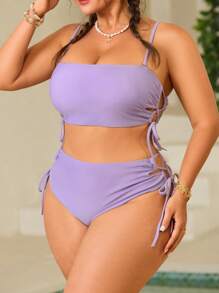 Swim Mod Conjunto de traje de baño de dos piezas de unicolor con cordón lateral de talla grande para mujer - Morado - Ver 6