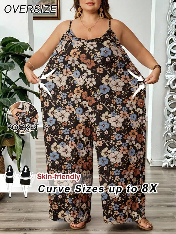SHEIN CURVE+ Salopetă imprimeată pentru femei plus size, potrivită pentru ținute de vară, cu buzunar, Curve Plus, ținute de plajă și vacanță Hoho pentru femei/Rochie de plajă/Ținute de vacanță la plajă/Esențe de plajă/Rochii de absolvire/Petrecere la ceai/Vară/Stil rustic/Ținute de vacanță la plajă/Ținute de plajă/Îmbrăcăminte de plajă