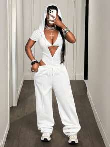 BamGleam Bộ đồ liền thân tay ngắn có mũ trùm đầu màu trơn gợi cảm cho nữ, mùa hè, trang phục dự tiệc toàn màu trắng - trắng - Xem 1