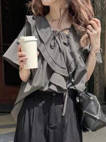 FRIFUL Women's Loose Fit Ruffle Trim Blouse - Grey - View 3