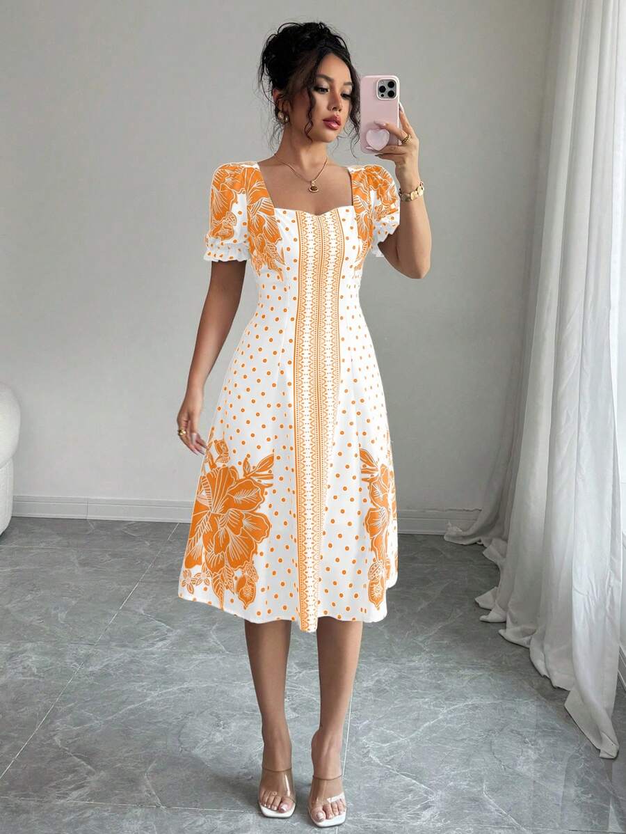 Elenzga Váy Maxi Chữ A In Họa Tiết Tay Phồng Đi Nghỉ Mát Cho Nữ - trái cam - Xem 1