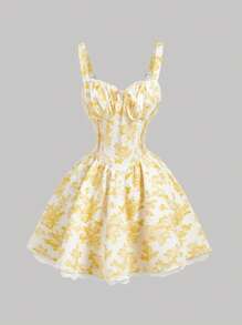 SHEIN MOD 女式黄色和白色印花蕾丝花边吊带迷你连衣裙，背部交叉，春季约会装，情人节 - 黃色 - 查看 1