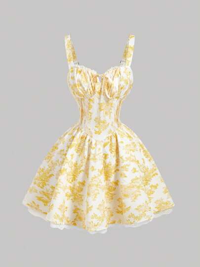SHEIN MOD 女式黄色和白色印花蕾丝花边吊带迷你连衣裙，背部交叉，春季约会装，情人节