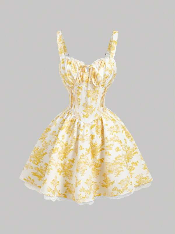 SHEIN MOD Women's Yellow & White Print Lace Trim Cami Strap Mini Dress With Criss-Cross Back, Summer Date Outfit,Valentine Day Summer Dresses For Women