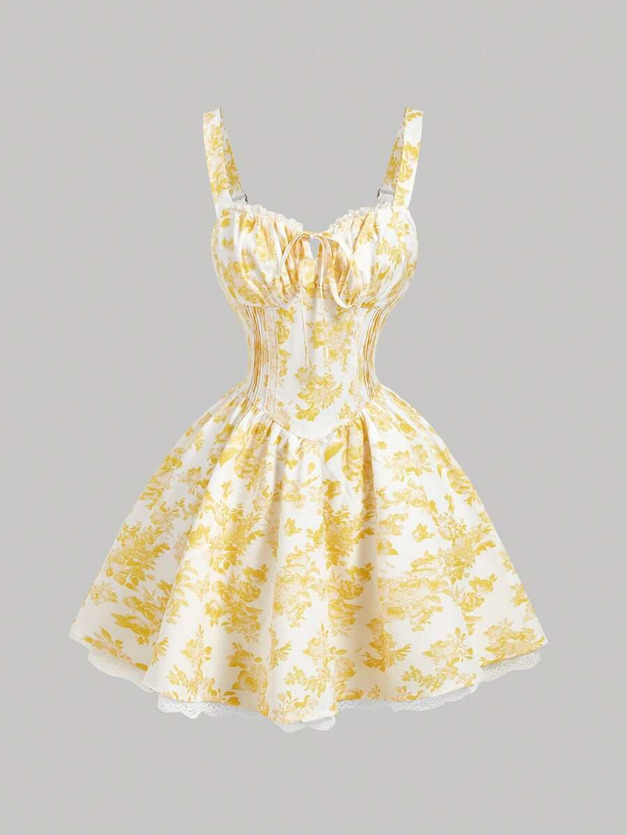 SHEIN MOD 女式黄色和白色印花蕾丝花边吊带迷你连衣裙，背部交叉，春季约会装，情人节 - 黃色 - 查看 1