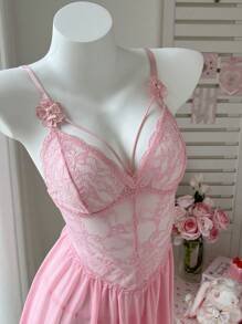 PetitDoll 1pc Women Contrast Lace Sexy Camisole Slip Babydoll Dress And G-String Set